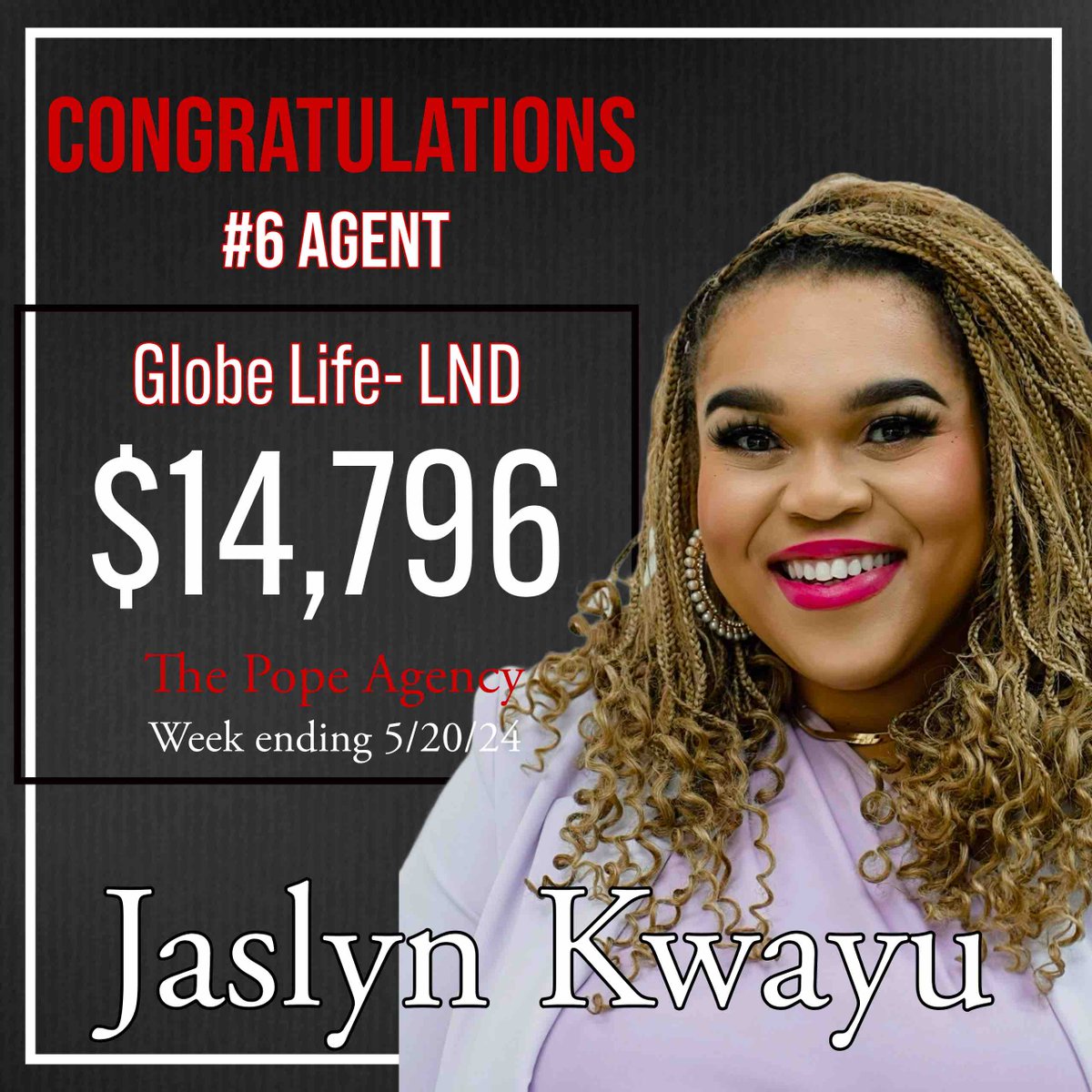GLpopeagency's tweet photo. Congratulations to SA Jaslyn Kwayu for finishing last week as the #6 Agent in the company!👏🏼👏🏼👏🏼

Great week Jas!! https://t.co/AbEYuCYJ8V