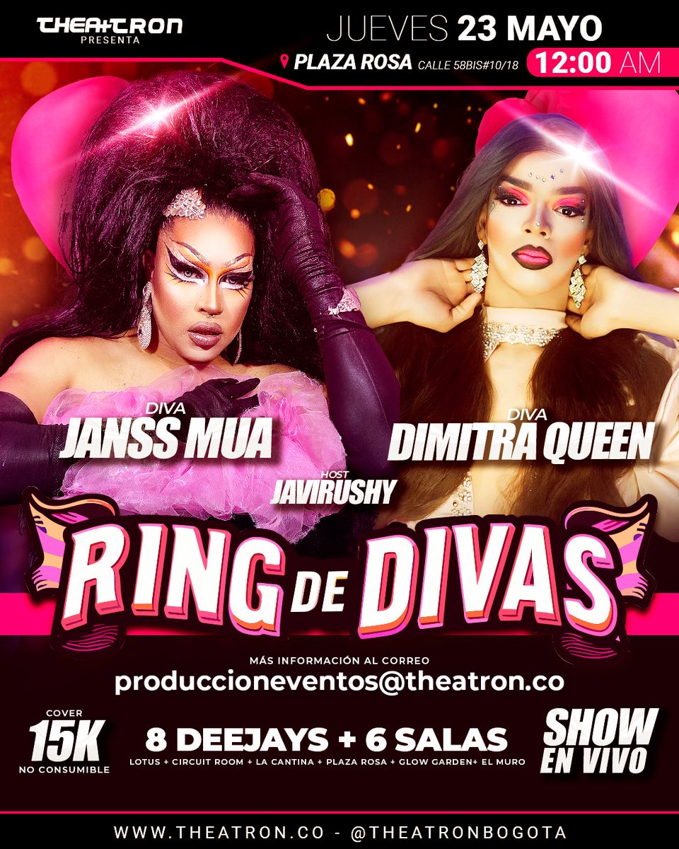 theatronbogota's tweet photo. HOY JUEVES HOT ❤️🔥
6 SALAS🪩 + 8 DJS🎧+#CIRCUITROOM+ #SEXYDANCERS + #HOTSHOW🔥 + #RINGDEDIVAS 🥊
🎫Entrada libre de 8pm a 9pm. 🆓
Después de las 9pm. 15k.
Produce: @itsbombon_
#Theatron Siempre te da más!!
#Jueves #Thursday #JuevesHot
#Bogota #fiesta #Rumba #Music #Shows https://t.co/UlfB1otuhA