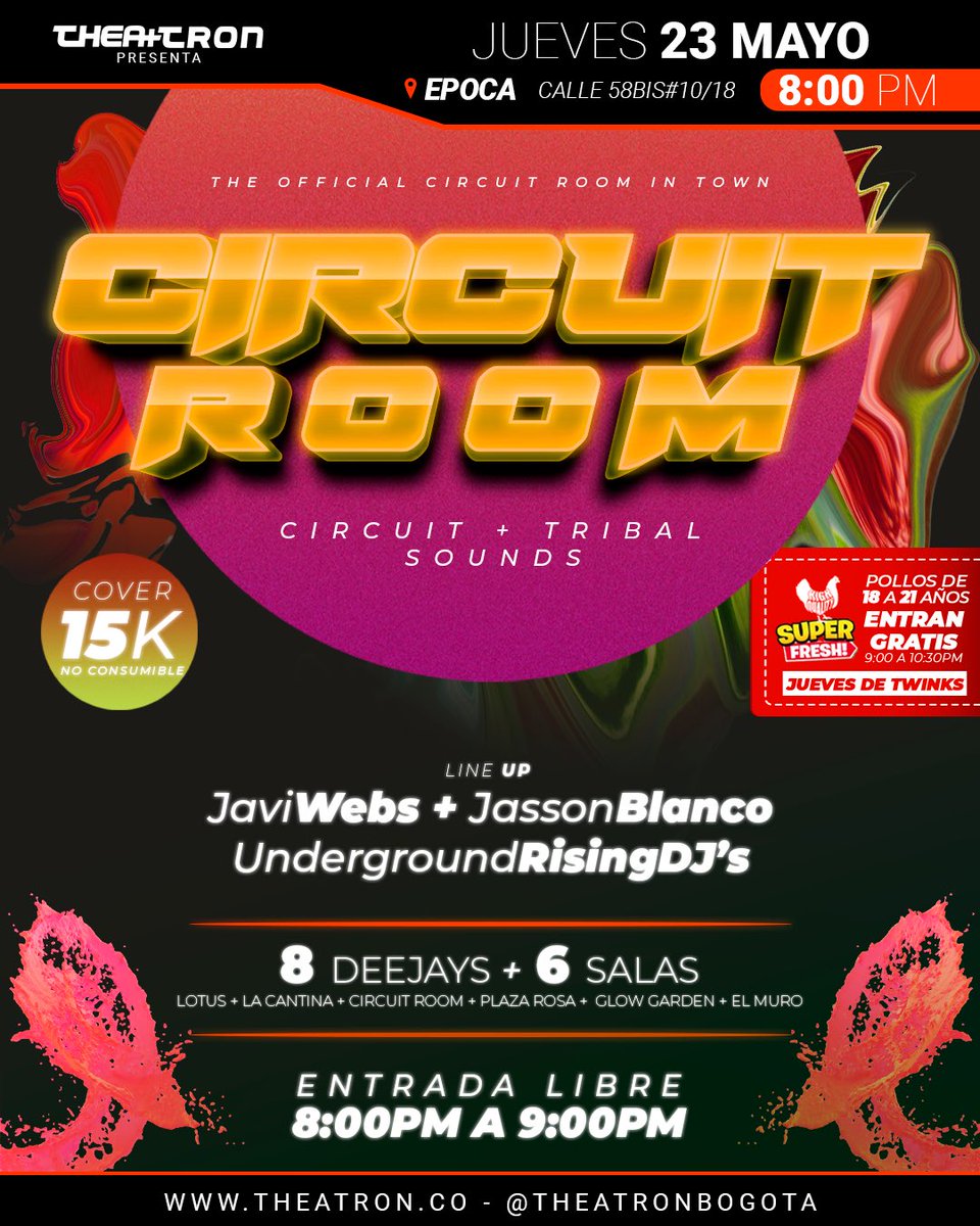 theatronbogota's tweet photo. HOY JUEVES HOT ❤️🔥
6 SALAS🪩 + 8 DJS🎧+#CIRCUITROOM+ #SEXYDANCERS + #HOTSHOW🔥 + #RINGDEDIVAS 🥊
🎫Entrada libre de 8pm a 9pm. 🆓
Después de las 9pm. 15k.
Produce: @itsbombon_
#Theatron Siempre te da más!!
#Jueves #Thursday #JuevesHot
#Bogota #fiesta #Rumba #Music #Shows https://t.co/UlfB1otuhA