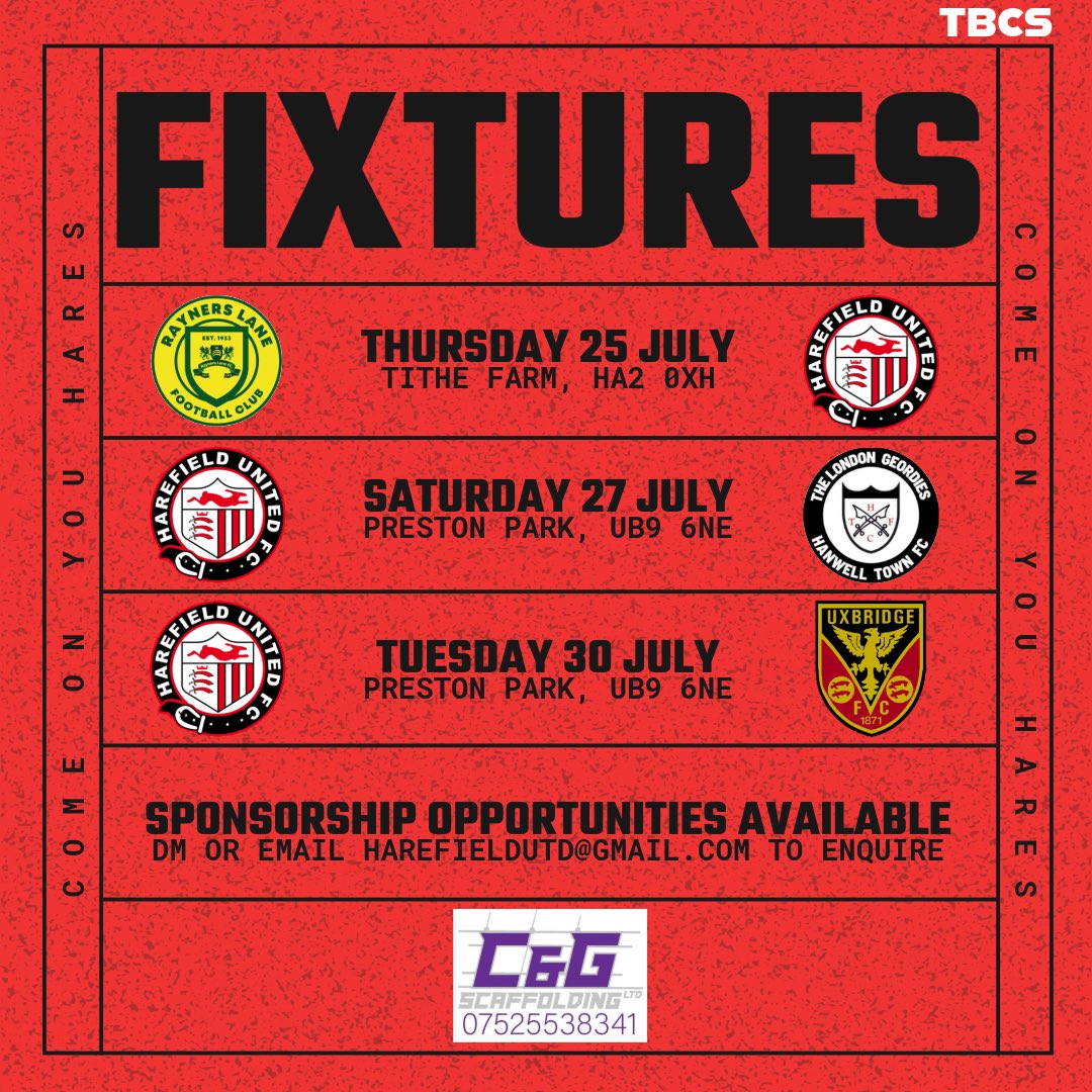 HarefieldUnited's tweet photo. ⚽️PRE-SEASON FIXTURES⚽️

06/07 🆚@shepherdsbushfc
13/07  🆚@Penn_football
16/07  🆚@FCSouthall
20/07 🆚@belstonefcfirst
23/07 🆚@NorthwoodFC
25/07 🆚@RaynersLaneFC
27/07. 🆚@hanwelltownfc
30/07.🆚@uxfc_redarmy

Come on you Hares! 🐇 https://t.co/IpdbZdbUs9
