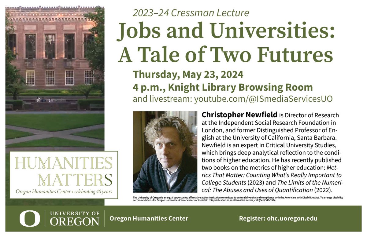 TODAY: Join us for a talk by Christopher Newfield 'Jobs and Universities: A Tale of Two Futures' at 4 pm in the Knight Library Browsing Room @uoregon @cnewf blogs.uoregon.edu/oregonhumaniti…