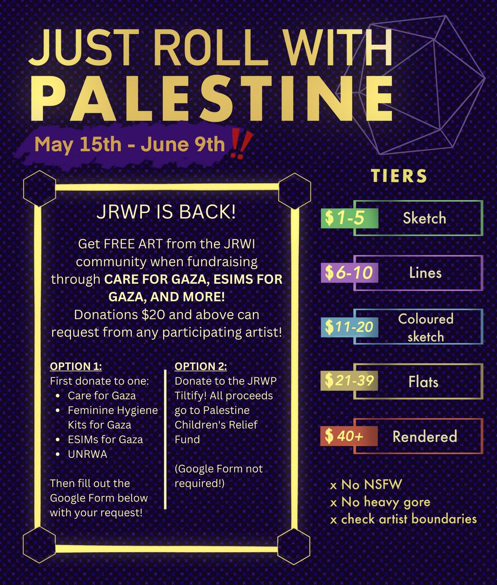 We are extending the #JustRollWithPalestine deadline by two weeks‼️ You can now donate and send in requests for art until June 9th, for more information see the qrted thread! Thank you all for your support so far GO DONATE!!