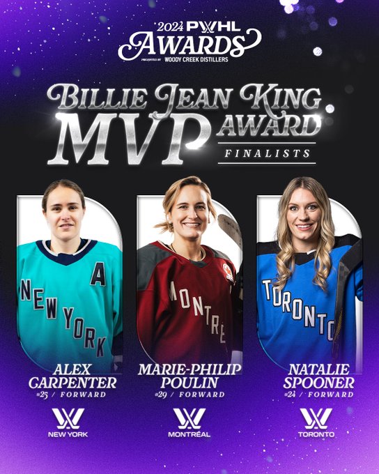 Graphic for the 2024 PWHL Awards presented by Woody Creek Distillers. 

Announcing finalists for the Billie Jean King MVP award. New York's Alex Carpenter, Montréal's Marie-Philip Poulin and Toronto's Natalie Spooner. 

Across the graphic there are headshot images of Carpenter, Poulin and Spooner in their respective jerseys.