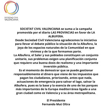 sc_valenciana's tweet photo. SOCIETAT CIVIL VALENCIANA se suma a la campaña
promovida @lasprovincias  en favor de La
Albufera.
#albuferadevalencia https://t.co/X20BiVwf89