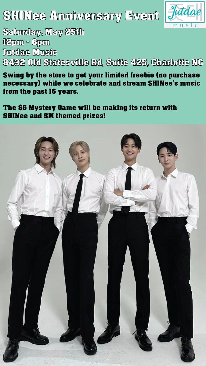 JutdaeMusic's tweet photo. Visit Jutdae Music on 5/25 to celebrate #SHINee's anniversary! Freebies while supplies last! https://t.co/ViLscOomYU