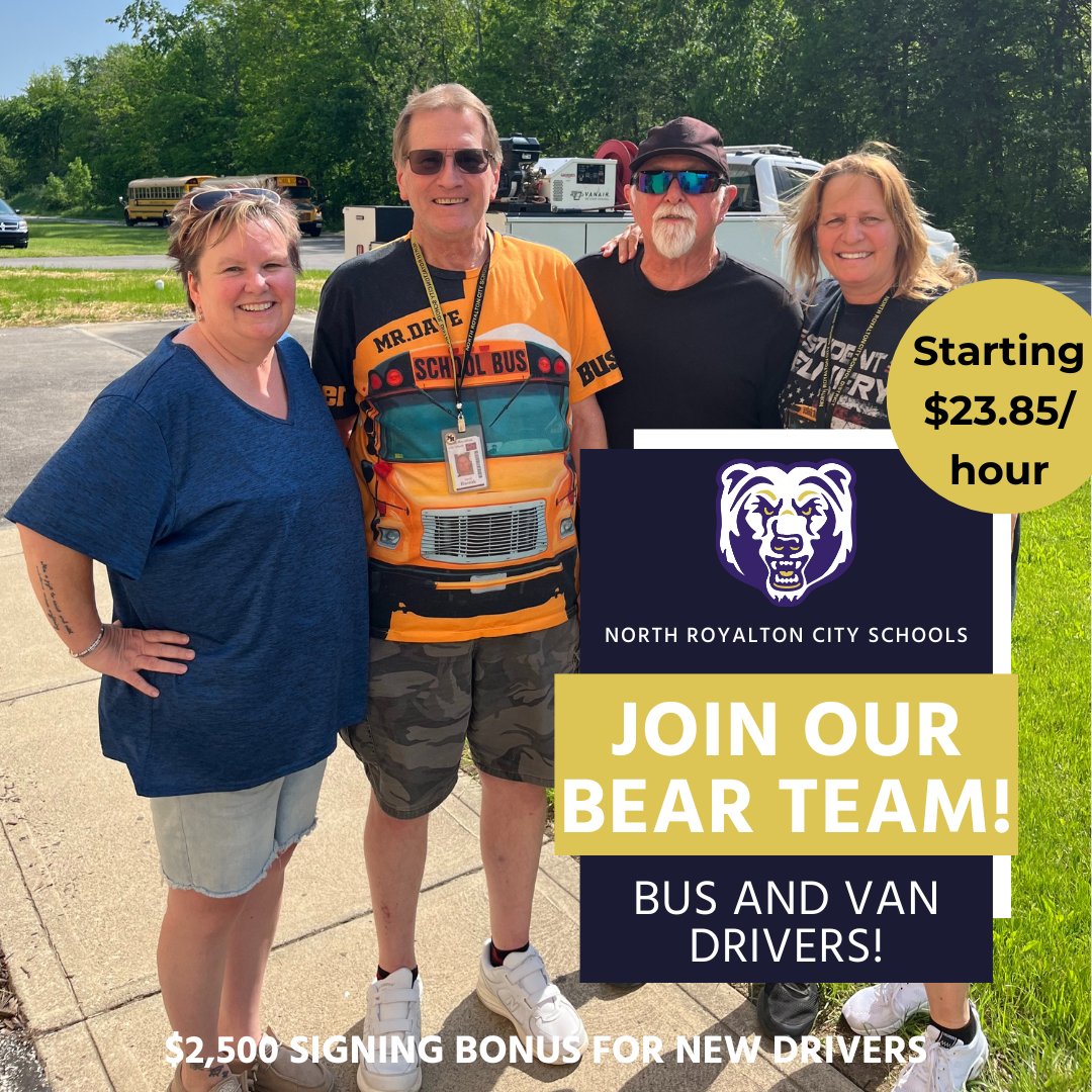 🚌 Attention, bus drivers! North Royalton City Schools is offering a $2,500 signing bonus and starting pay of $23.85/hour. Join our BEAR Team and enjoy great benefits! 💰🏫bit.ly/NR_BusDriver 440-237-8800