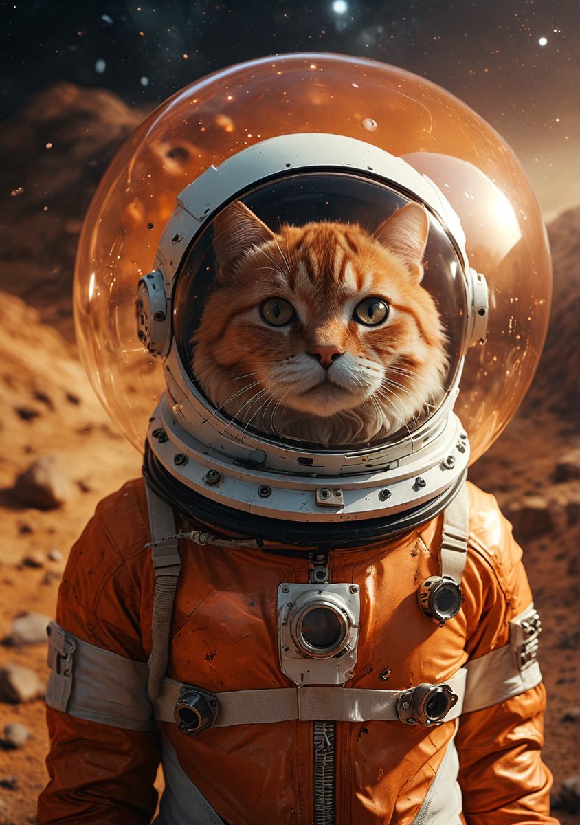 Paws on Mars 🐱🚀🌌 ✫ ━━⋆⋅⋆━━✫ Let me know if you liked it! 💙 Follow ➠ @mainguardstudio ✫ ━━⋆⋅⋆━━ ✫ #landscapeart #conceptartist #missionmars #AI美女 #dream #CatsAreFamily #spacepaws #catsfunny #nature撮影会 #serene #cozy #stablediffusion #MidjourneyAI