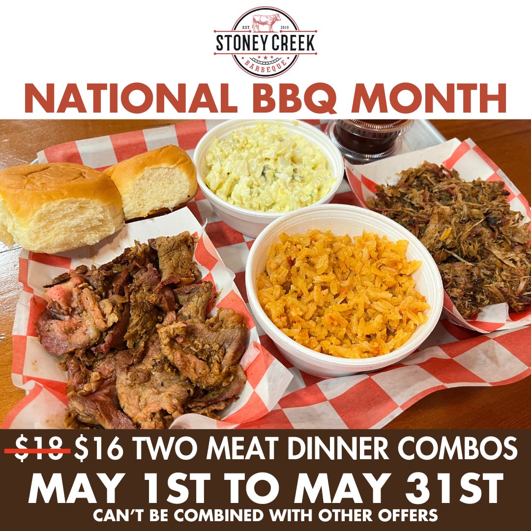 It's National BBQ Month! To celebrate, we're taking $2 OFF ALL of our 2 Meat Dinner Combos! Your choice of meat, bread, 2 sides & a drink for only $16!!! #StoneyCreekBBQ #Porterville #BBQ #NationalBBQMonth #DinnerCombo #TwoMeatDinnerCombo #LowAndSlow #WorthTheDrive