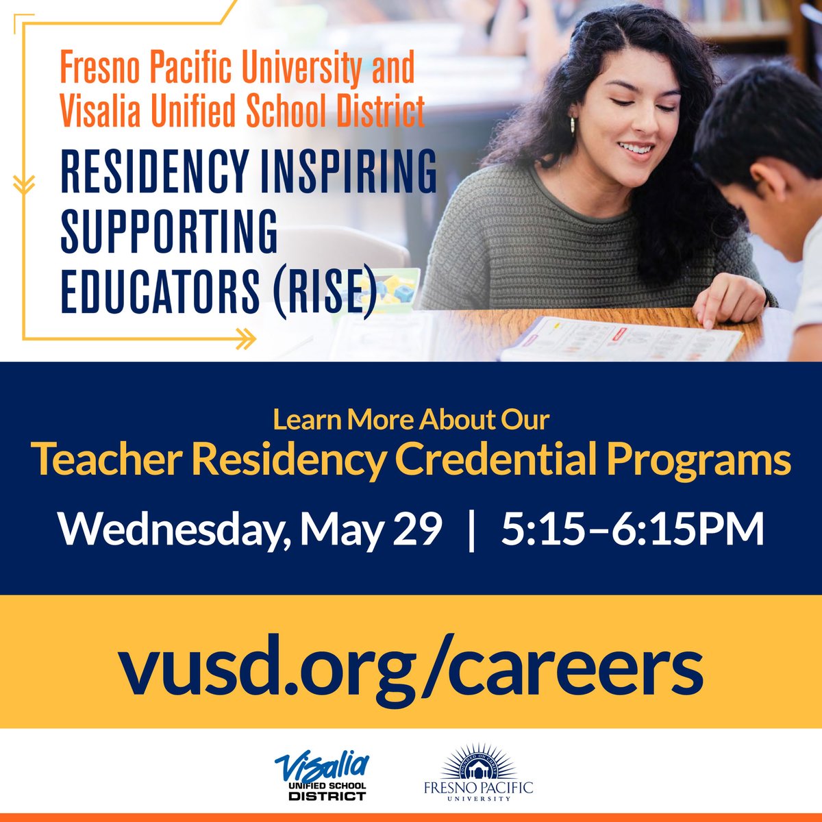 Are you ready to inspire young minds? Join us for an information meeting to learn more about advancing your education with a teaching credential from <a href="/fpu/">Fresno Pacific University</a>. Register at vusd.org/careers #VisaliaRISE #IamVUSD