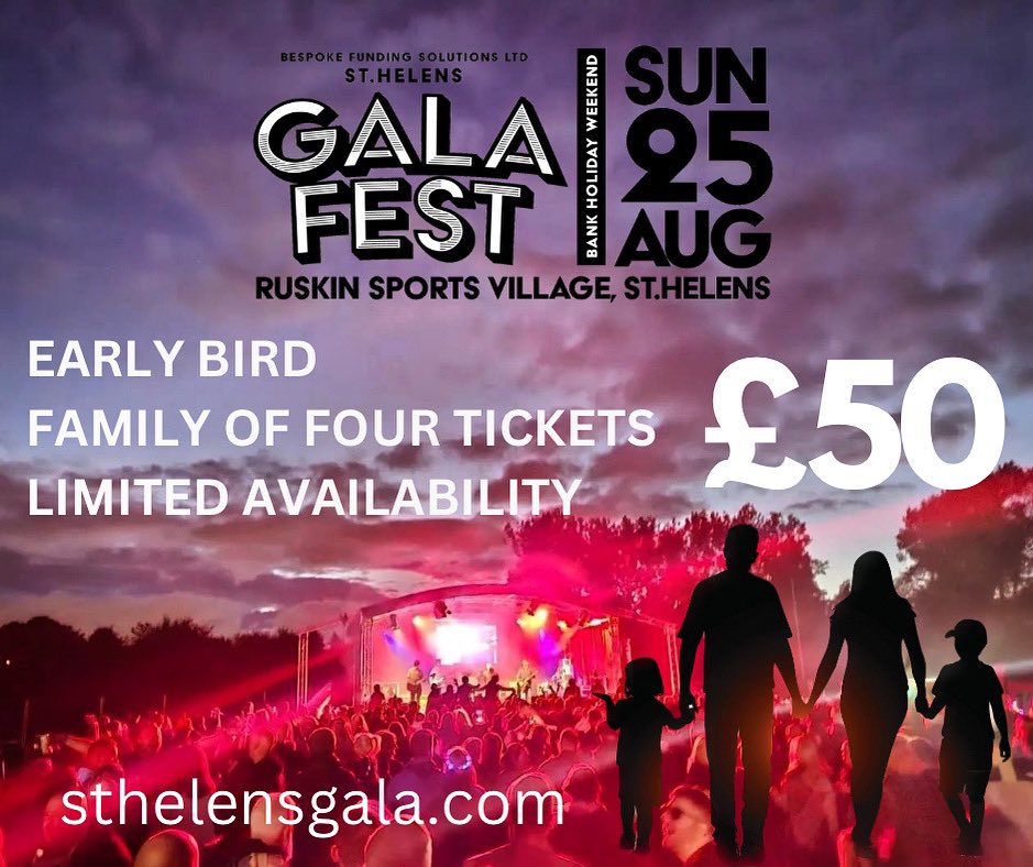 *Families* We are now down to last 15 #EarlyBird Family tickets for this year’s phenomenal @sthelensgala 🕺💃🙌🏻 Save yourself #Cash & book ur #August #bankholiday #Sunday before price goes up 🙌🏻 £50 Family of Four #entertainment from 12 noon to 22.00 sthelensgala.com