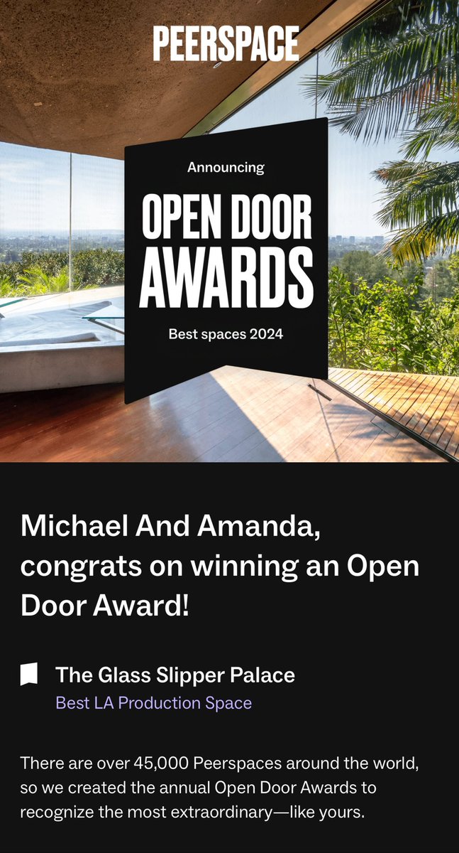 TheGSPalace's tweet photo. We won an award for Best Spaces in 2024 from @peerspace !
Thank you so much! We pride ourselves on the service, amenities, & a gorgeous location for any Production, Photoshoots, Video Shoots, or any type of content. 🤗🤍⚜️
#PeerSpace #OpenDoorAwards #BestSpaces2024 #LosAngeles https://t.co/bFwYfYvmmm