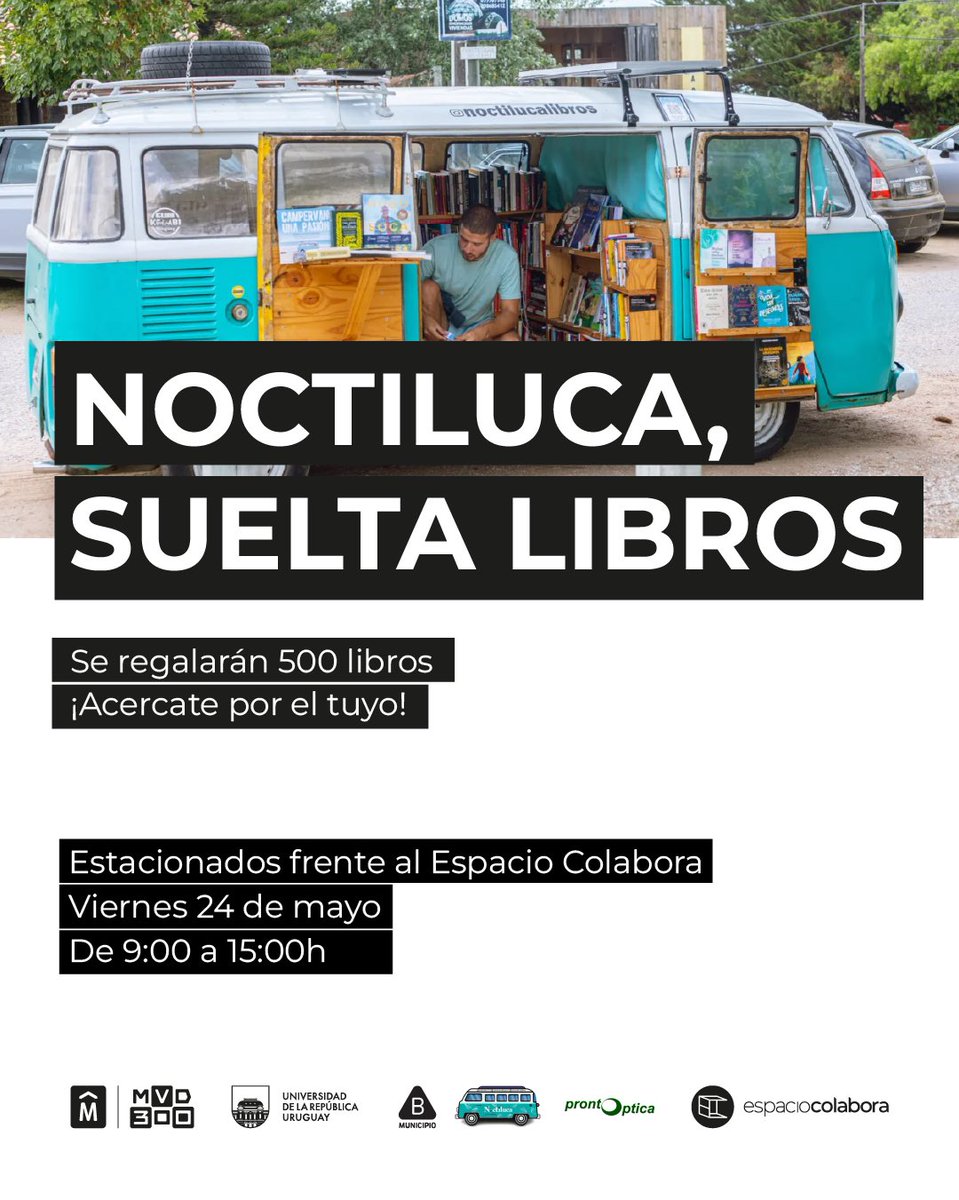 Noctiluca libros se estaciona frente al Espacio Colabora (Arenal Grande esq Uruguay) con su “kombi librería” y nos invita a participar de la Jornada de entrega de libros Acercate mañana, viernes 24 de mayo de 9:00 a 15:00 h, para conocer más sobre el proyecto y elegir el tuyo.