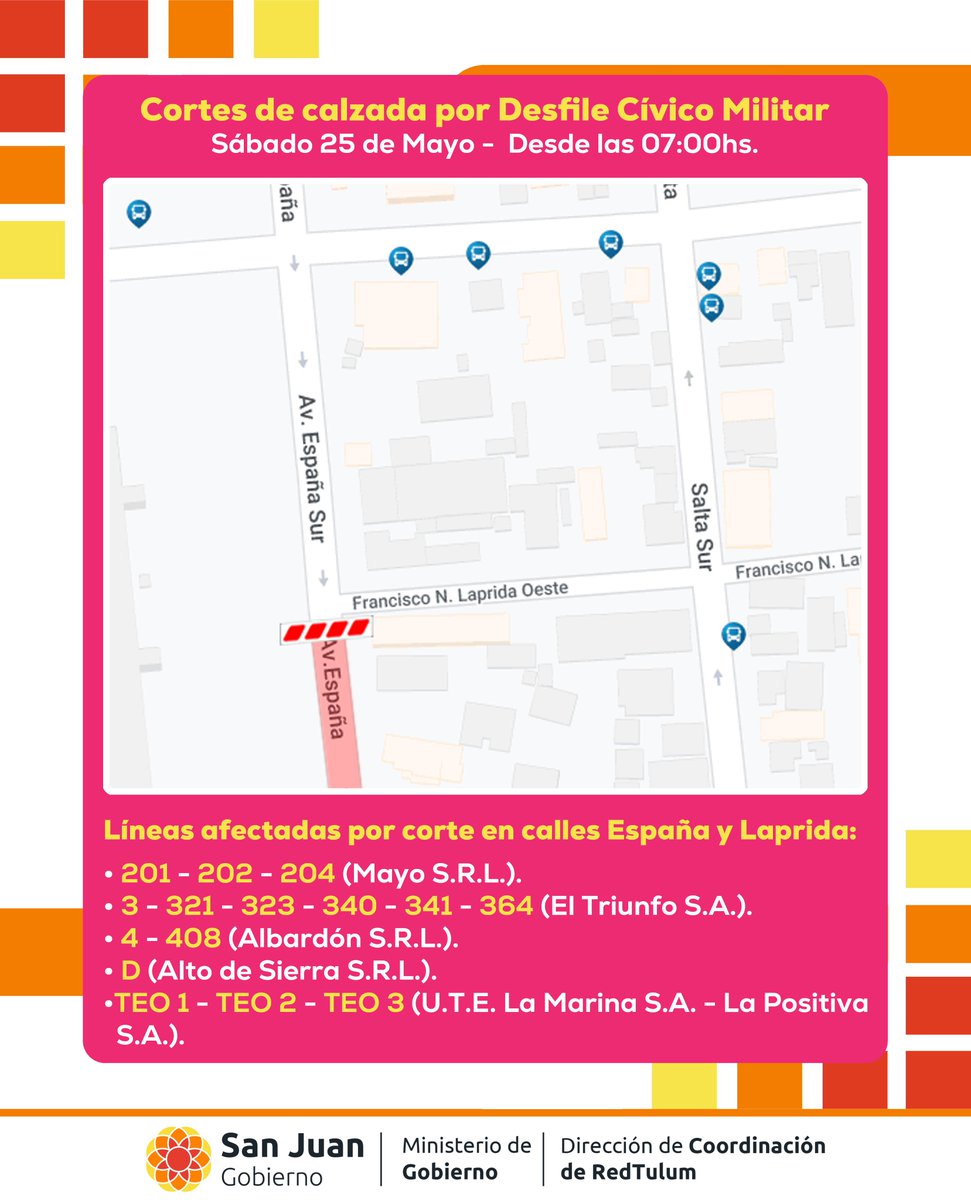 redtulumsj's tweet photo. 🚍🇦🇷Cortes de calzada por Desfile Cívico Militar del 25 de Mayo🇦🇷🚍
Desliza para conocer los detalles 👉
#RedTulum #MinGobierno #LauraPalma #TránsitoyTransporte #SUBE #MarceloOrrego #SanJuan #SanJuanArgentina https://t.co/vSTzwPdkKE