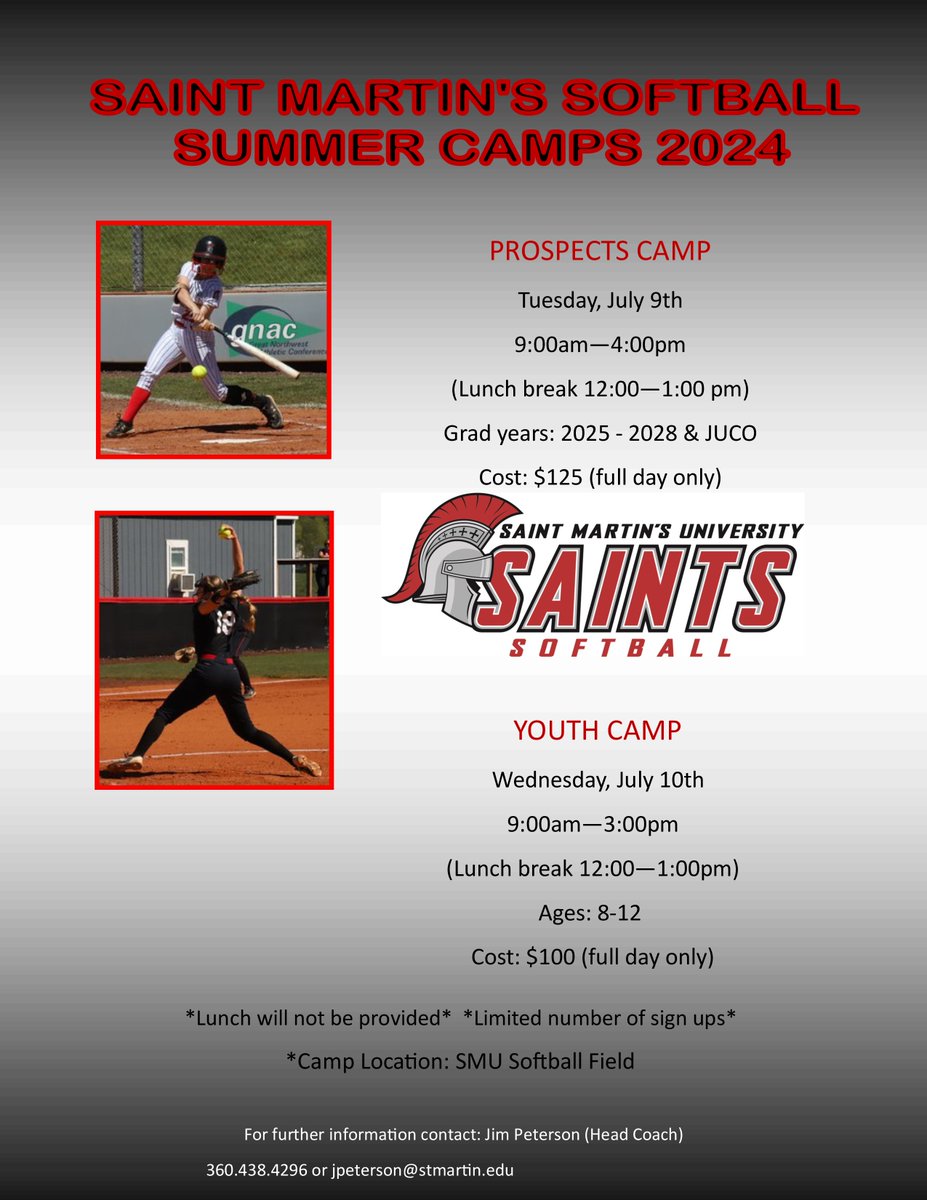 It's camp season for Saint Martin's Softball July 9th-10th! 🥎

Learn from some of the best DII players and coaches in the country and take your game to the next level!

♦️ PROSPECT CAMP (C/O 2025-2028, JUCO)
♦️ YOUTH CAMP (Ages 8-12)

REGISTER
➡️ smusoftball.com