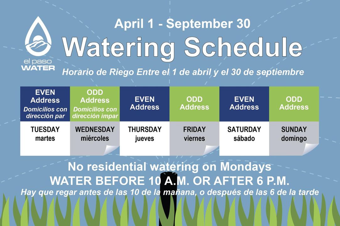 The time-of-day watering schedule is in effect! 💧 🌼 For more information: bit.ly/3l9Y9Zq

Para mas información sobre el horario de riego: bit.ly/3l9Y9Zq

#conservation #WaterSmarter #ConserveWater