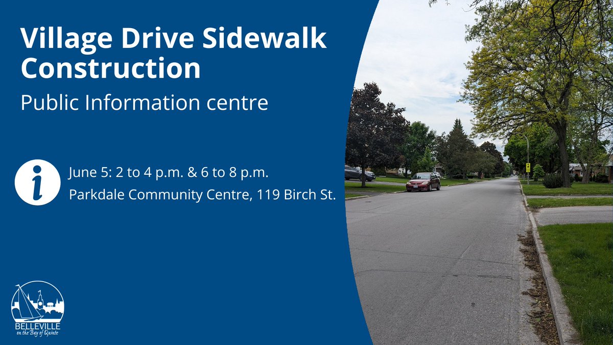 Notice | There will be a public information centre on June 5, regarding the proposed sidewalk construction and three-way stops on Village Drive between College Street West and Cascade Boulevard. There are no formal presentations so residents can attend any time between 2 & 4 p.m.