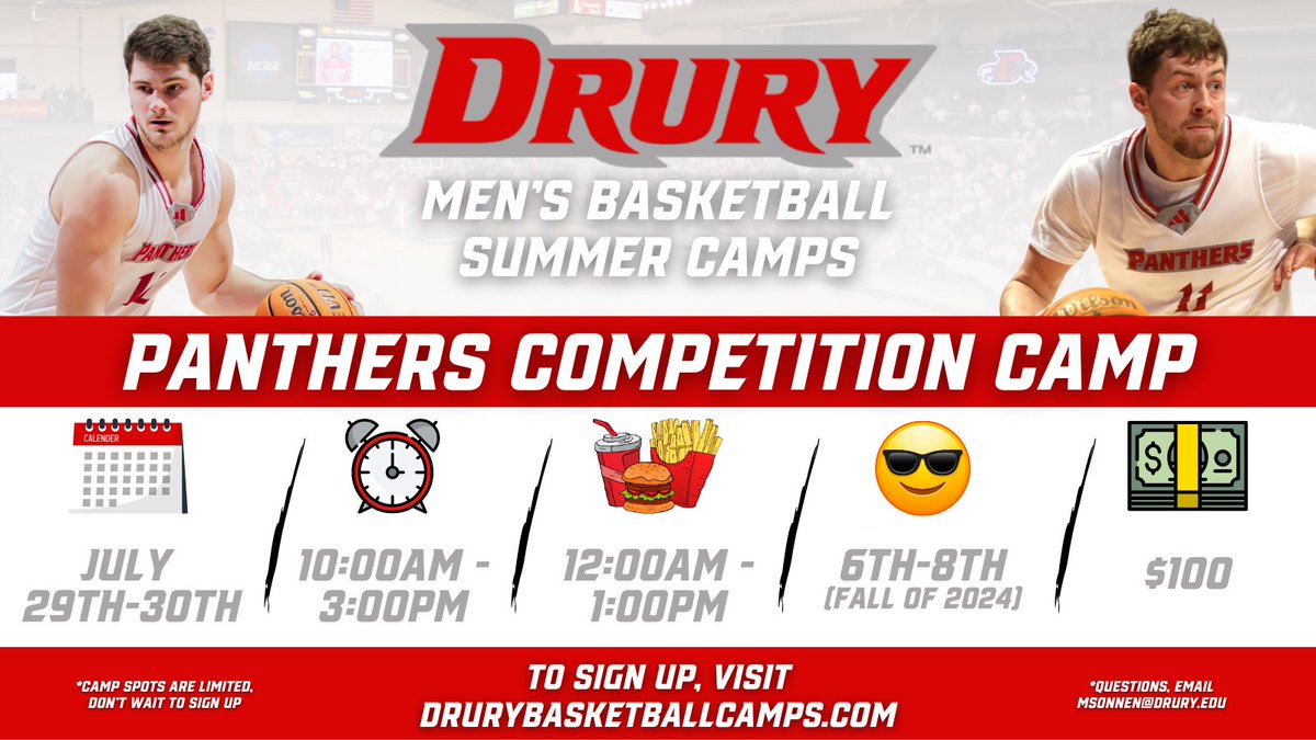 DruryMBB's tweet photo. 🚨Panthers Competition Camp🚨

Great Opportunity for Campers entering 6th-8th grade, to work with our Panther Athlete’s &amp; Coaches 

Campers will learn how to compete through live drill situations! 

Sign up fast! Link in Bio https://t.co/1lZSNwqbmz