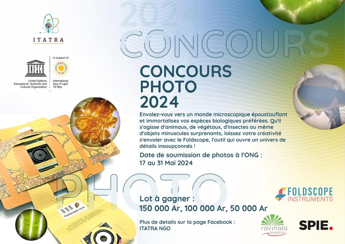 itatra_ngo's tweet photo. We've launched the photo contest with Foldscopes for this year. It's part of the event for the celebration of the international day of light. 
@TeamFoldscope @IDLofficial @SPIEtweets @RavinalaAirport
#ligthday2024 #idl2024 https://t.co/FAhxKAlV7A