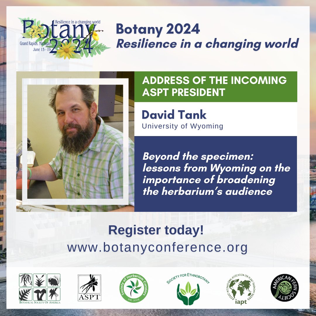 Incoming ASPT President, David Tank, from the Univ. of Wyoming, will share his talk, "Beyond the Specimen: Lessons from Wyoming on the Importance of Broadening the Herbarium’s Audience," at #Botany2024 on Tue., June 18!

botanyconference.org

#SEBmeeting #Ethnobotany