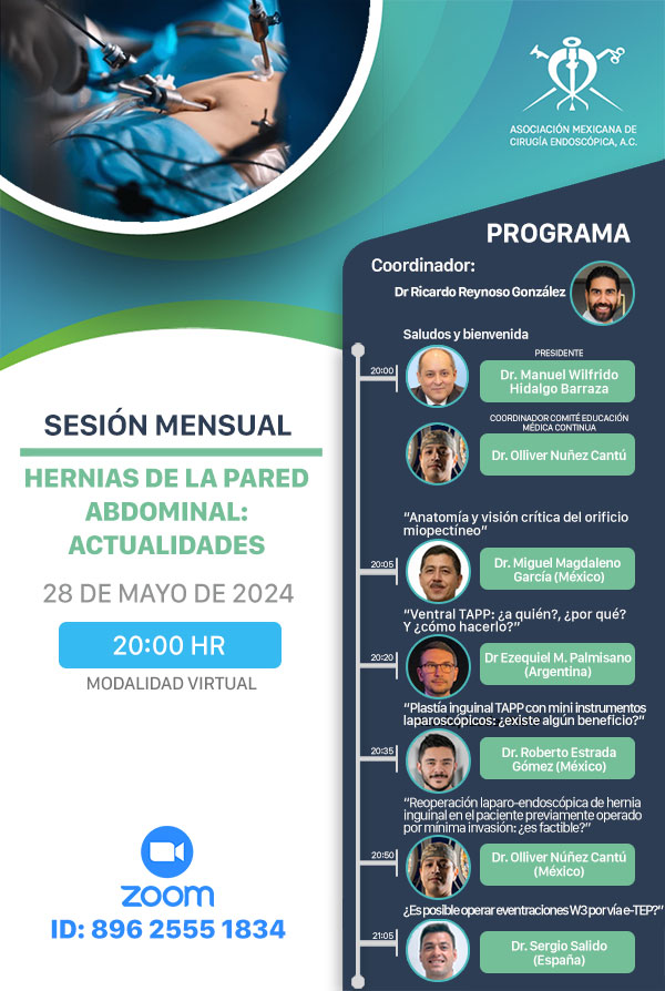 amcemex's tweet photo. 🗓️28/Mayo/2024
⏰20:00 hr
Sesión Mensual - Hernias de la pared abdominal: Actualidades

Registro para constancia de asistencia: 
https://t.co/Z0wtaEaC3h

Seminario ZOOM:
https://t.co/q838Qa1zVn
No es indispensable tener una cuenta de ZOOM. https://t.co/vM9gUkbtPR