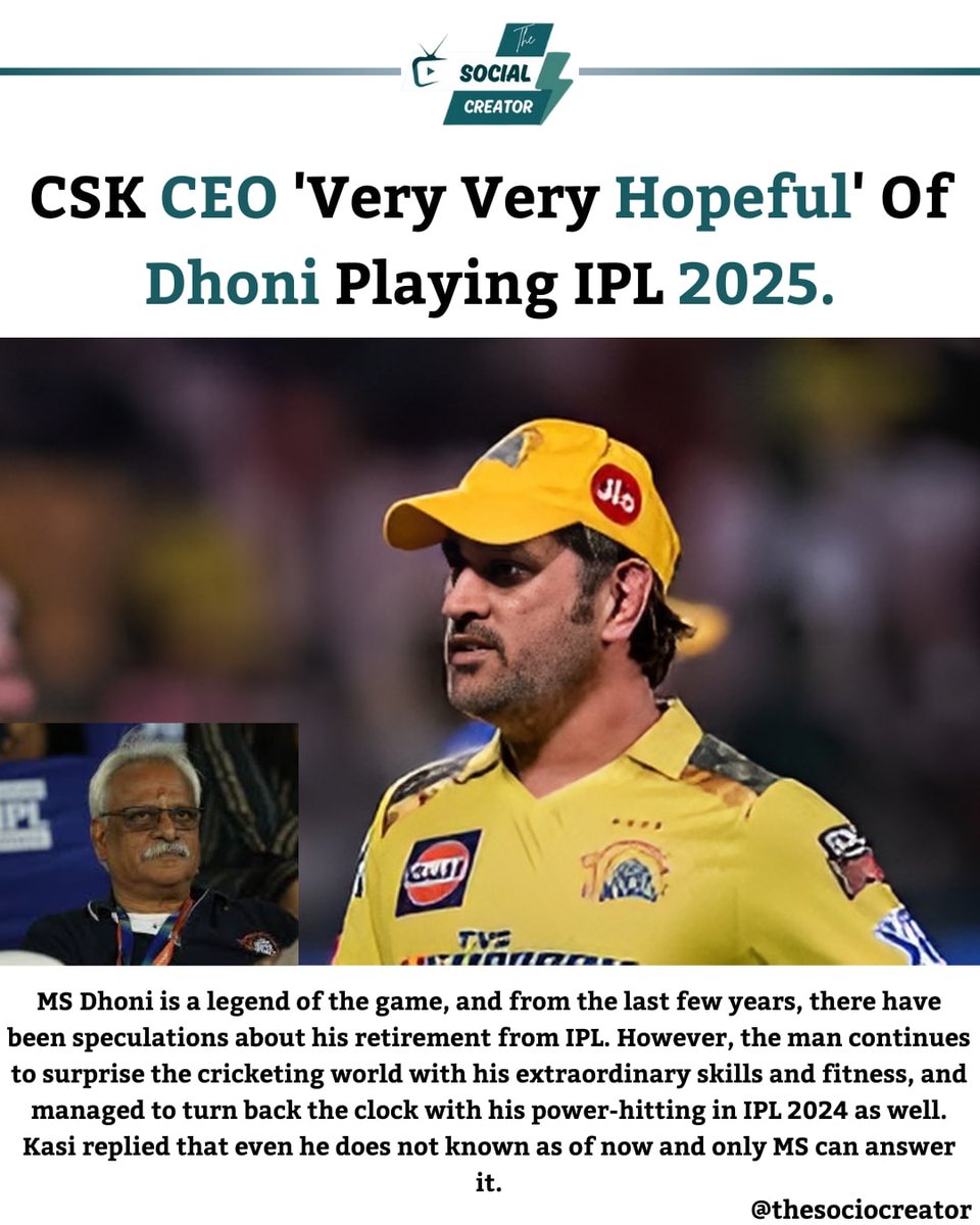 thesociocreator's tweet photo. Csk CEO hoping to return Ms Dhoni in IPL 2025.....
#trending #trendingnow #tataipl #iplupdates #ipltrend #IPL #ipl2024 #ipl #cricketnews #cricket #match #Csk #cskfans #msdhoni #thesociocreator https://t.co/ZORY8cRhSk