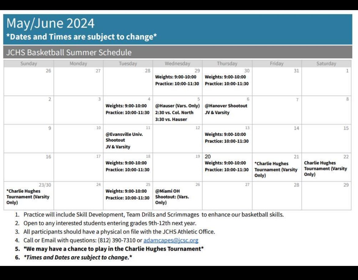 Any boy entering grades 9-12 next school year, who is interested in playing basketball, please see the summer basketball schedule below. We are in the process of hiring a new coach, so please reach out to Coach Capes with questions.
