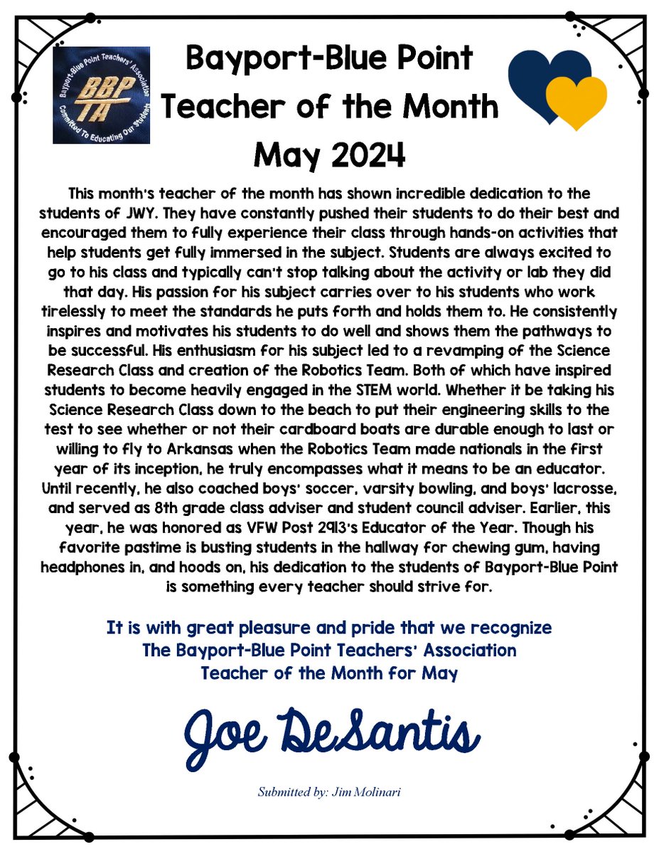 BBPSchools's tweet photo. The #BBP Teachers’ Association announced the May 2024 #TeacherOfTheMonth is Mr. DeSantis!  Congratulations to a great teacher and coach! #BBP #ThankATeacher #BelongBelievePossible @JWYMiddle 
@eibbpta #Robotics #BBPcommunity https://t.co/wqk2GPGOTs