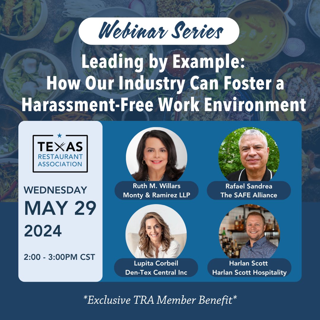 Every business, including restaurants, faces the serious threat of sexual harassment. As TRA members, join us on our May 29th webinar to learn about prevention, fostering respect, and ensuring compliance. Register here: us06web.zoom.us/webinar/regist…