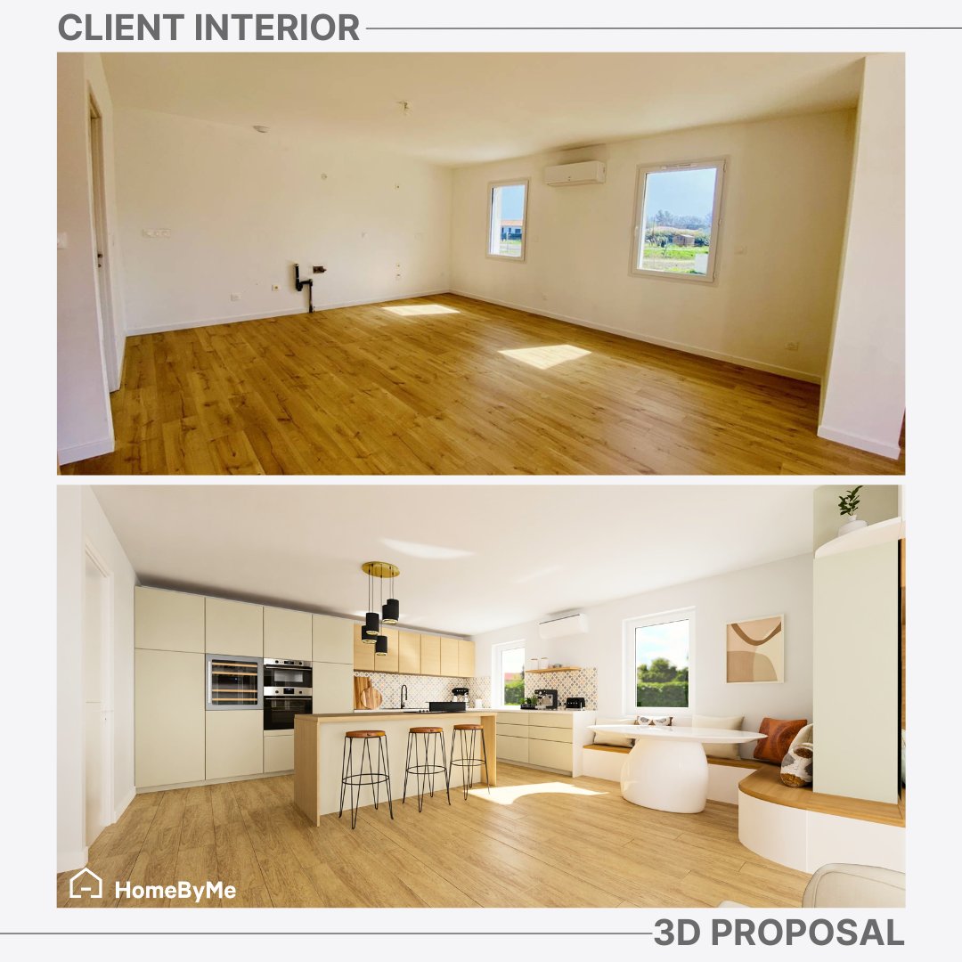Wow! 3D or reality? Discover how our ambassador @mely.homedeco transformed this empty space into a stunning living room with an open kitchen and a cozy dining room using our FREE 3D interior design solution. 🏠 💫