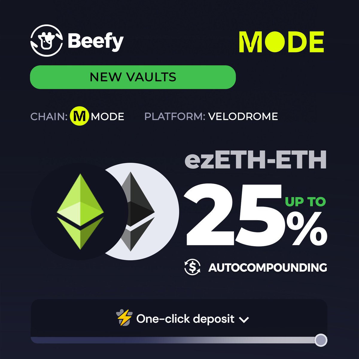 Obviously we got easy eth mode right here. Price go up mode can continue. 🆕 $ezETH - $ETH: 25% APY 👉 app.beefy.com/vault/velodrom… @RenzoProtocol @velodromefi @modenetwork