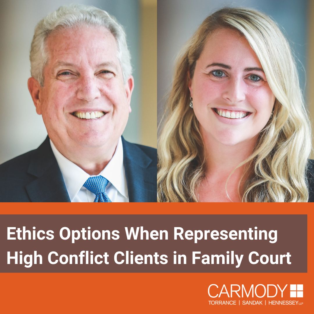 Carmody lawyers, Stephen Conover and Lindsay Reed, will be leading an ethics seminar on 'Ethics Options When Representing High Conflict Clients in Family Court.' 

Register here: fairfieldbar.org/product/ethics…
