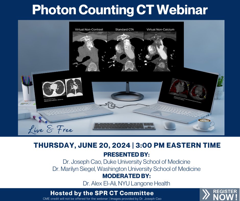 The @SocPedRad CT Committee is pleased to host a free webinar on Photon Counting CT.  Dr. Joseph Cao and Dr. Marilyn Siegel will present this educational offering, with Dr. Alex El-Ali moderating. Mark your calendar and register today at bit.ly/4agC5DN. #ImagingOurFuture