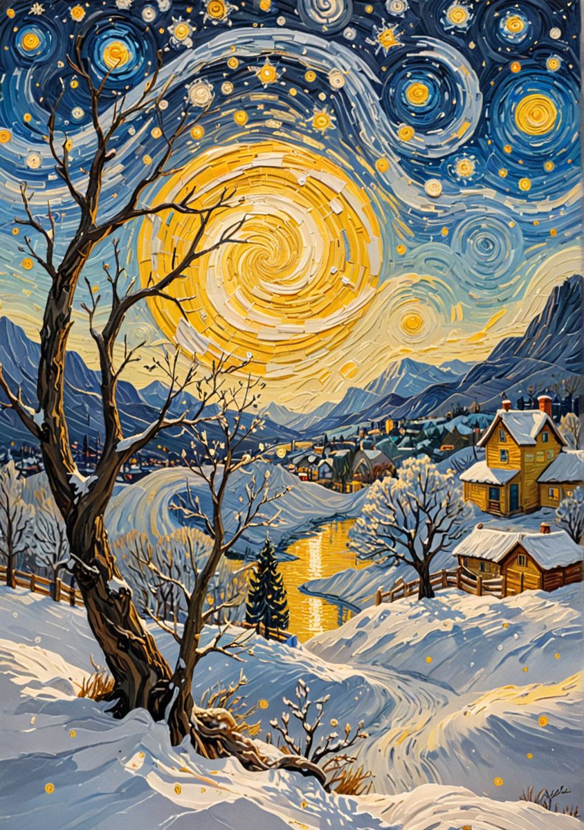 Starry night with a snowy twist 🌌❄️🖌️ ✫ ━━⋆⋅⋆━━✫ Let me know if you liked it! 💙 Follow ➠ @mainguardstudio ✫ ━━⋆⋅⋆━━ ✫ #landscapeart #conceptartist #VanGogh #AI美女 #dream #starnight #kirigamiart #nature撮影会 #serene #cozy #stablediffusion #MidjourneyAI