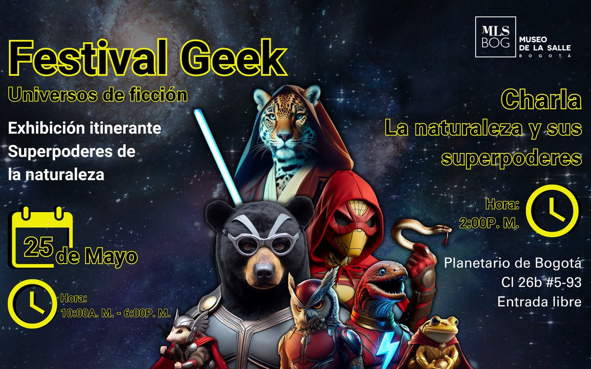 ¡Preparados para sorprenderse¡. Estaremos en el #FestivalGeek en el Planetario de Bogota el próximo Sábado 25 de Mayo de 2023 con la Exposición Itinerante #SuperpoderesdelaNaturaleza de 10 am a 6 pm y una conferencia de habilidades naturales extraordinarias a las 2:00 pm.