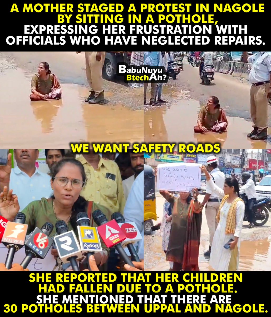 BabuNuvuBtechAh's tweet photo. A mother protested by sitting in a pothole, demanding safer roads and expressing her frustration with officials who have neglected repairs. #Hyderabad #Nagole https://t.co/4tm9pDG6cu