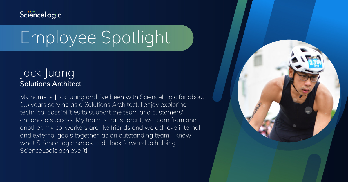 ScienceLogic's tweet photo. This monthโs ScienceLogician #EmployeeSpotlight shines on Jack Juang! With us now for almost 2 years, Jack excels as a Solutions Architect, always exploring new technical possibilities to drive #innovation. We appreciate all you do, Jack! #LifeAtSL https://t.co/Nh6shTDUGI