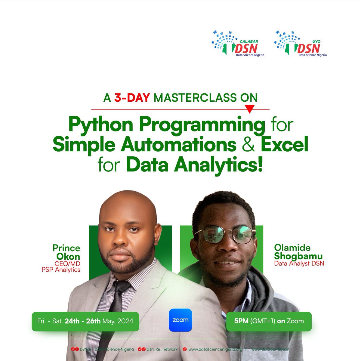 A FREE Data Science/Analytics Class @dsn_ai_uyo, in collaboration with @dsn_ai_calabar, is giving back to the community by hosting a 3-day FREE masterclass that will introduce you to Python and Excel. This interactive, project-based training will give you hands-on experience