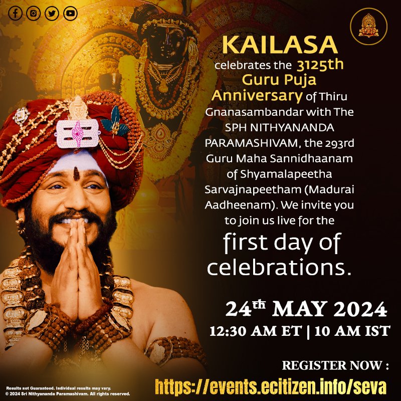 Celebrate Thiru Jnanasambandar 3125th Guru Puja Anniversary with KAILASA! We invite you to the Day 1 Celebration of the Thiru Jnanasambandar 3125th Guru Puja Anniversary on May 24, 10 AM IST. Celebrate and honor the great Tamil saint, Thiru Jnanasambandar, considered a direct