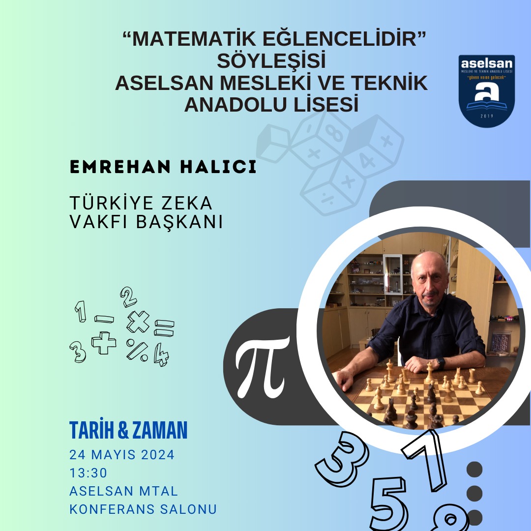 Vakıf Başkanımız Emrehan Halıcı, 24 Mayıs Cuma günü saat 13.30’da ASELSAN MTAL Konferans Salonu’nda “Matematik Eğlencelidir' söyleşisini gerçekleştirecektir. #tzv #matematik #söyleşi