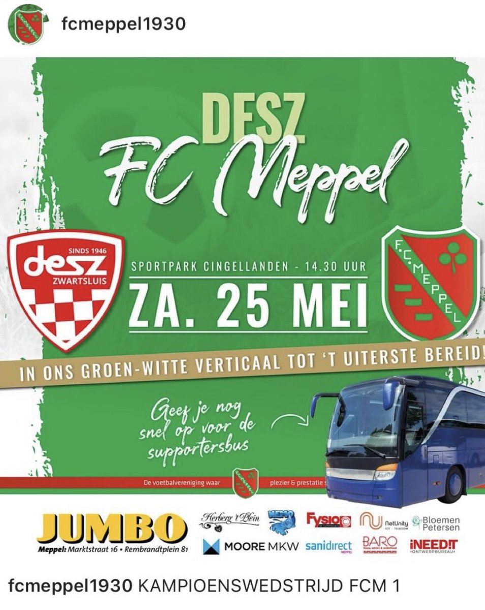 Zaterdag de ontknoping van de competitie? Voor @fcmeppel een uitwedstrijd tegen Desz. Met de boot, bus, auto of fiets naar Zwartsluis. Dresscode 💚🤍