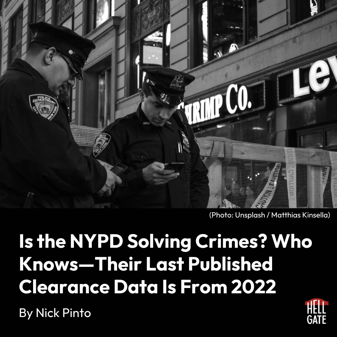 You'd think something as basic as NYPD clearance rates—how often the cops actually make an arrest for a reported crime— would be easy to come by, especially since it's legally required to post quarterly reports. And yet... hellgatenyc.com/nypd-clearance… (Thx @JoyBergmann for the tip.)