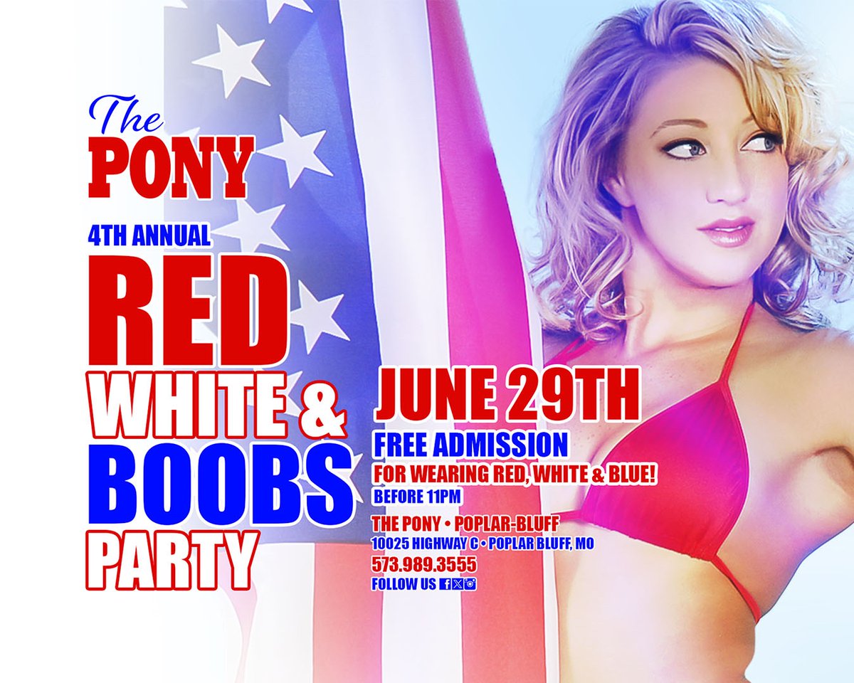 Celebrate Independence Day with us at Pony Poplar Bluff on June 29th! 🎆 Red, White & B00BS! 🎆 Dance specials all night 💃 Firecrackers to keep you entertained 🎉 Time to party like it's 1776!🎇 . . . #PonyPoplarBluff #IndependenceDay #FirecrackerFun #TheOzarks #ThePony #RWB...