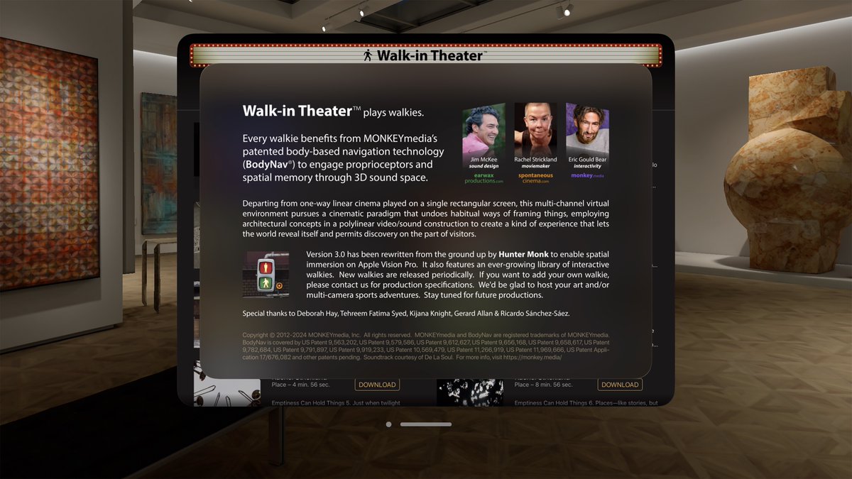 Walk-in Theater 3.0 was rewritten from the ground up for #visionOS 🥽 with a library of 3D walkies from notable media artists. #XR #VR #AR