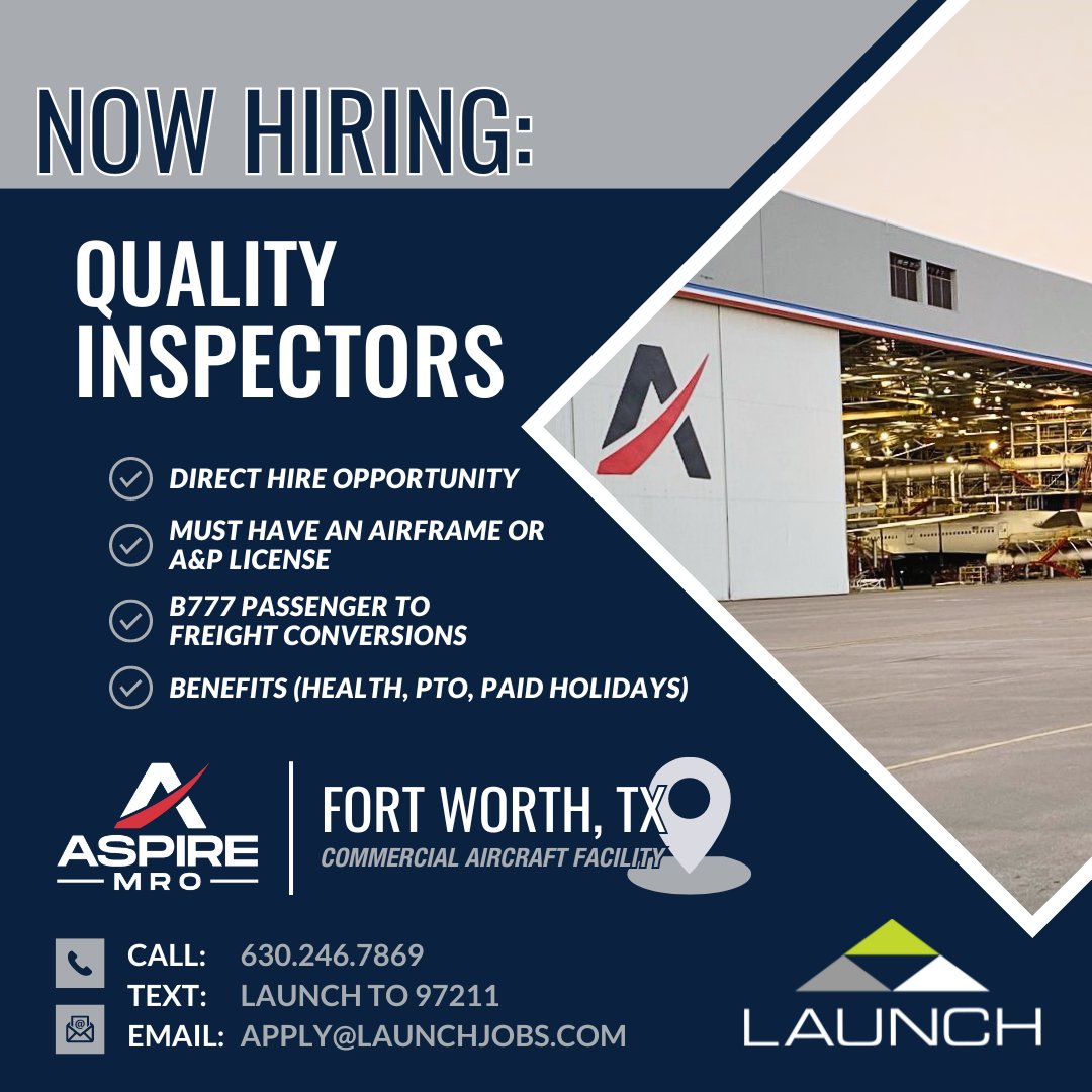 APPLY FROM OUR WEBSITE:
launchtws.com/jobs/?category…

#GoWithLAUNCH #weleadwepartnerwecare #aviation #structures #sheetmetal #aerospace #avionics #install #troubleshoot #interior #maintenance #repair #overhaul #airframeandpowerplant #aircraft #commercialaircraft