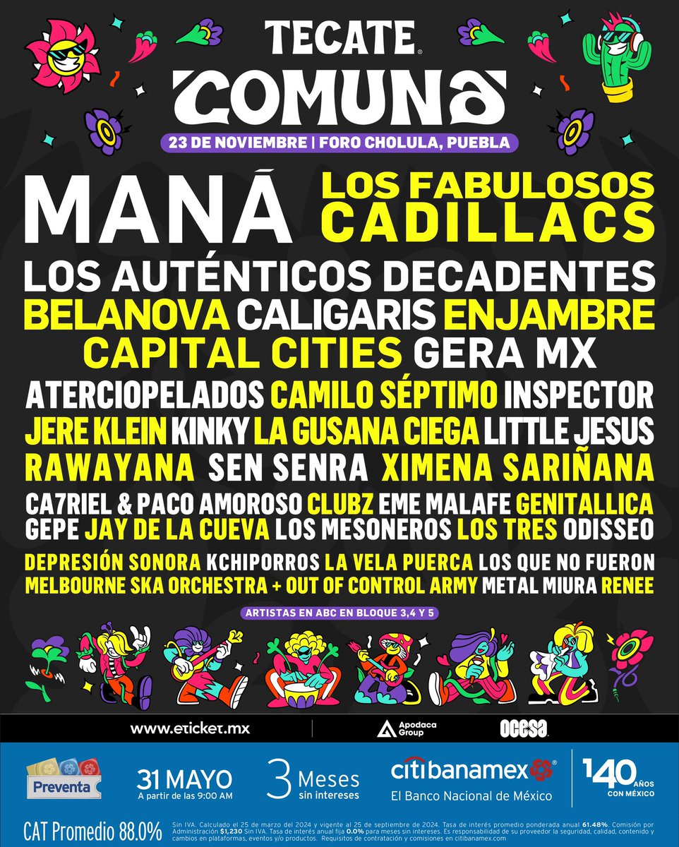 TecateComuna's tweet photo. ¡Y con ustedes: #TecateComuna 2024! 🌱✨

🗓️ 23 noviembre – Foro Cholula, Puebla

💳 #PreventaCitibanamex 31 mayo
🎫 Venta General a partir del 1 junio
💿 Boletos a través de Eticket https://t.co/RVVa7anwIE