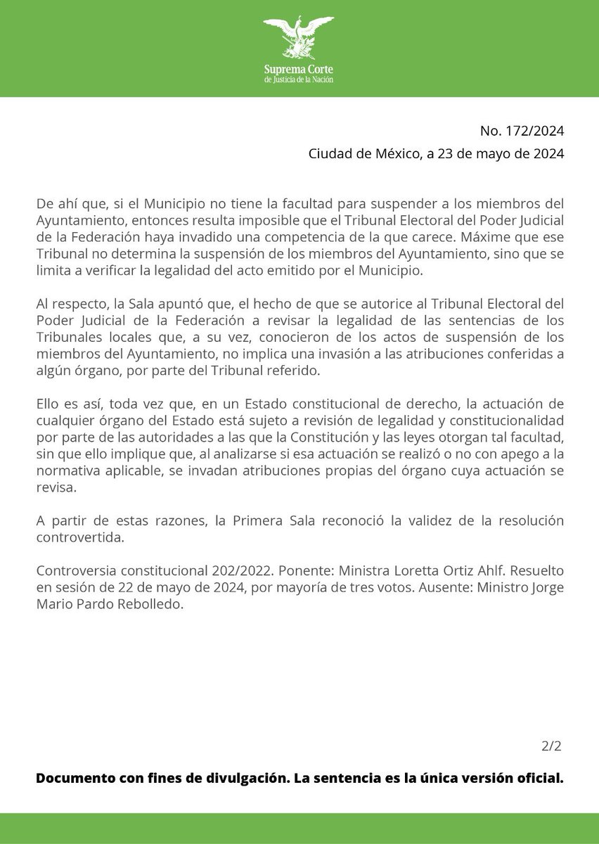 La #PrimeraSalaSCJN determinó que los municipios no cuentan con facultad constitucional para suspender del cargo a los integrantes de sus ayuntamientos. bit.ly/4as9lYE