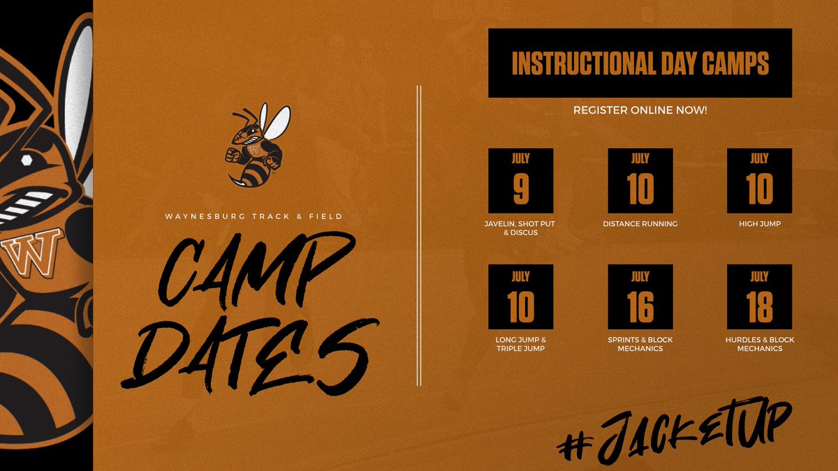𝘾𝘼𝙈𝙋 𝘿𝘼𝙏𝙀𝙎📆 @WaynesburgTF_XC is holding instructional day camps for six different event categories this summer! Register online now! #JacketUp🐝 For more info and to register: waynesburgsports.com/news/2024/5/23…
