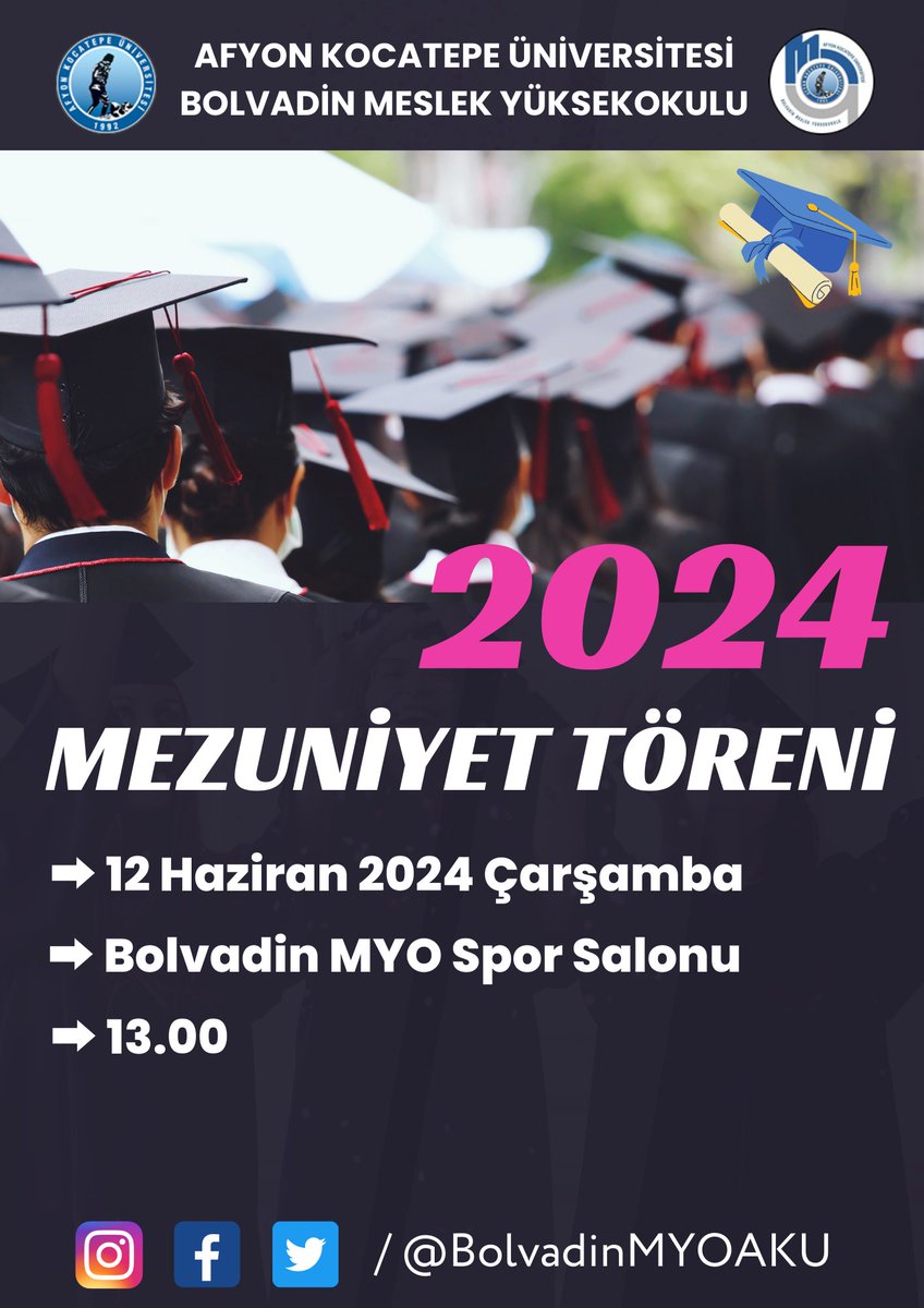 2024 Mezuniyet Töreni

📌 Bolvadin MYO Spor Salonu
🗓️ 12 Haziran 2024 Çarşamba
⏲️ 13.00

#BolvadinMeslekYüksekokulu 
Kadim Kent Güzel Gelecek 
#VizyonumuzGeleceğiniz 

#mezun #mezuniyet🎓 #mezuniyet 

<a href="/kocatepeuniv/">Afyon Kocatepe Üniversitesi</a> <a href="/Karakas1969/">Mehmet Karakaş</a>