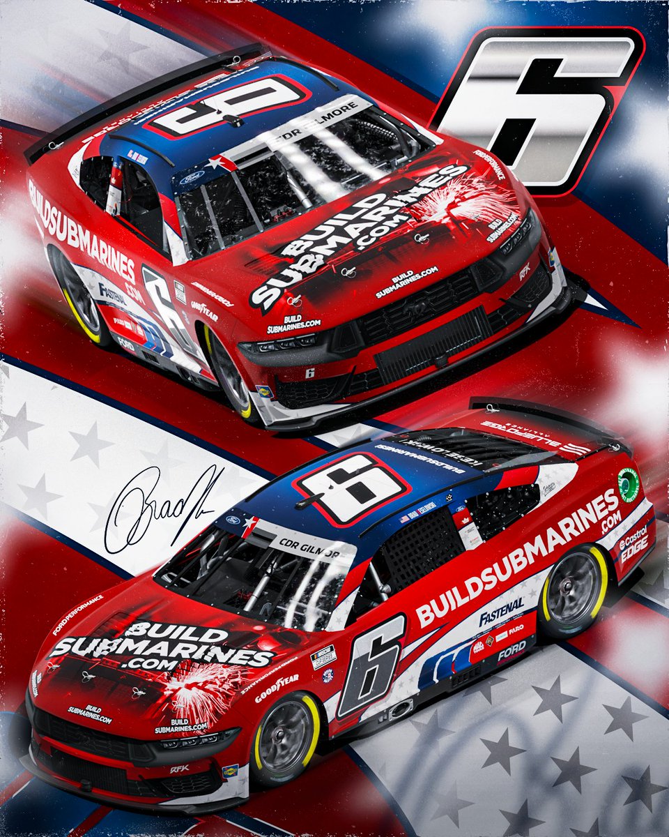 The No. 6 will be sailing it around @CLTMotorSpdwy in this patriotic @BuildSubmarines Ford Mustang Dark Horse. #NASCARSalutes