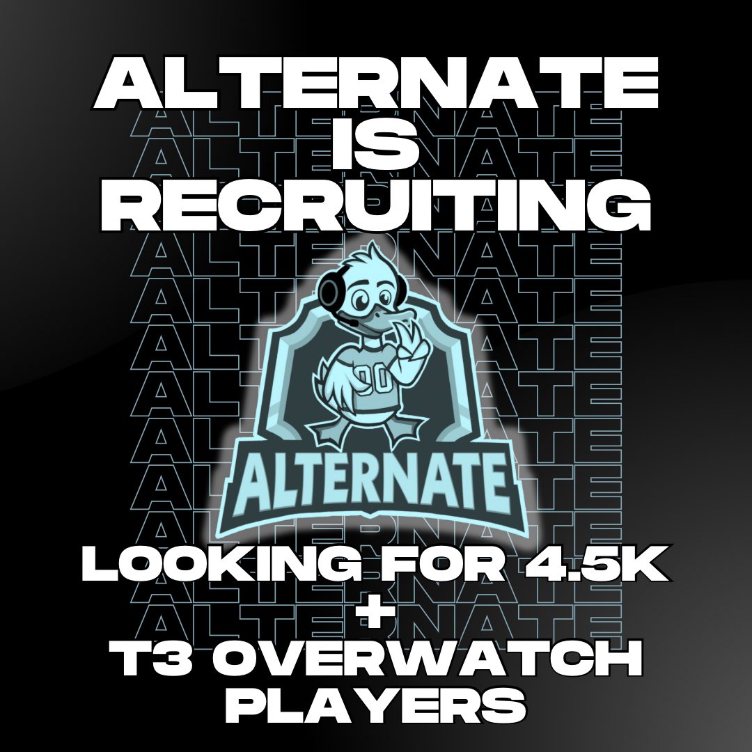 Alternate Esports (@alt_esports_) on Twitter photo ITS TIME! Alternate is recruiting for Dimension and F4!
LFP/LFT NA for Stage 3 OWCS
- 4.5+/T3 exp required
- All Roles
- Coaches with T2 exp
- Trials to start next week
All ❤️ and ♻️ appreciated!
DM <a href="/AlternateGoose/">Goose</a> on Disc
<a href="/LFTOW2/">LFTOW2</a> <a href="/LFT_OW/">LF OW</a>
<a href="/LFTOverwatch2/">Overwatch LFT</a> <a href="/OW_Esports/">Overwatch Esports</a> ITS TIME! Alternate is recruiting for Dimension and F4!
LFP/LFT NA for Stage 3 OWCS
- 4.5+/T3 exp required
- All Roles
- Coaches with T2 exp
- Trials to start next week
All ❤️ and ♻️ appreciated!
DM <a href="/AlternateGoose/">Goose</a> on Disc
<a href="/LFTOW2/">LFTOW2</a> <a href="/LFT_OW/">LF OW</a>
<a href="/LFTOverwatch2/">Overwatch LFT</a> <a href="/OW_Esports/">Overwatch Esports</a>